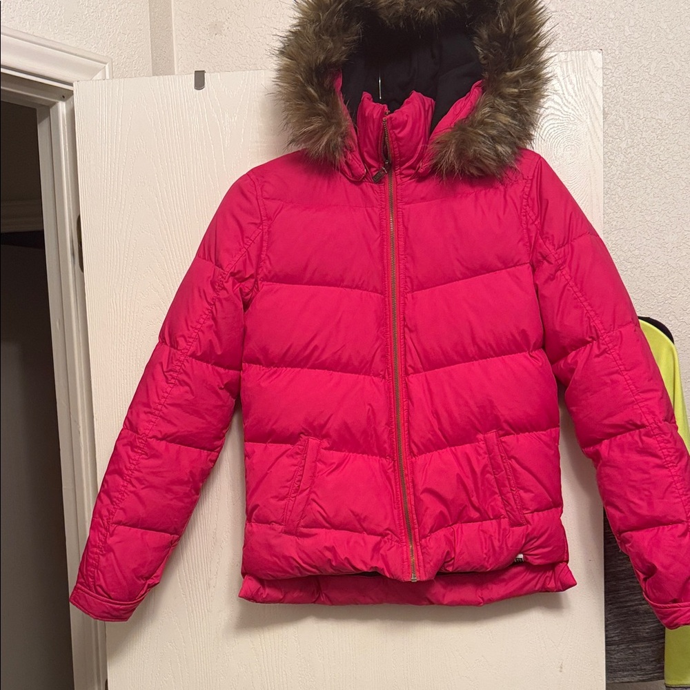 Roxy Fuchsia Puffer Jacket with Faux Fur Hood